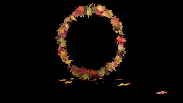 3d rendered animation of the letter O made out of autumn leaves. In / idle / out