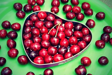 Cherries in a container in the shape of a heart