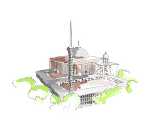 A hand drawn sketch of Istiqlal Mosque in Jakarta, Indonesia