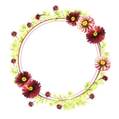 Round frame with daisies. Hand draw watercolor illustration.