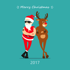Fototapeta na wymiar Merry Christmas! Cartoon reindeer Rudolf and Santa Claus. Greeting card 2017. Rudolf and Santa Claus vector illustration