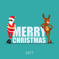 Fototapeta na wymiar Merry Christmas! Cartoon reindeer Rudolf and Santa Claus. Greeting card 2017. Rudolf and Santa Claus vector illustration 