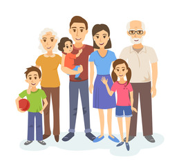 Obraz premium Cartoon portrait of big family. Mother, father, grandparents and children are happy together. Vector illustration.
