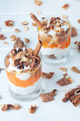 Chia seeds pumpkin spicy pudding with cinnamon and nuts