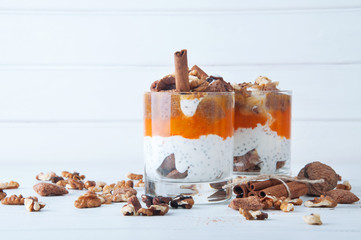 Chia seeds pumpkin spicy pudding with cinnamon and nuts
