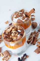 Chia seeds pumpkin spicy pudding with cinnamon and nuts