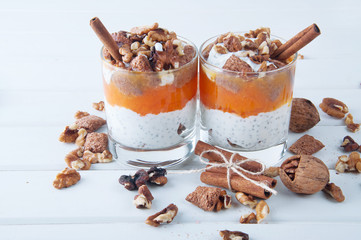Chia seeds pumpkin spicy pudding with cinnamon and nuts