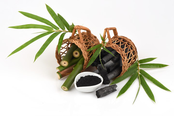 Bamboo charcoal burner and bamboo fresh in the basket and Bamboo charcoal powder.