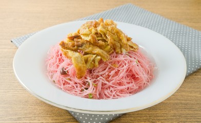 Asian Red Fried Rice Vermicelli with Eggs and Scallion