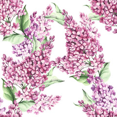 Seamless pattern with lilac flowers. Watercolor illustration