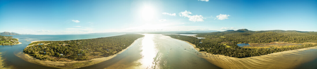 360 aerial panorama of Swanwick Bay and surroundings, near Freycinet National Park, Tasmania,...