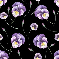 Seamless pattern with pansies. Hand draw watercolor illustration