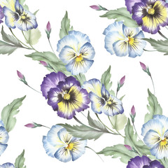 Seamless pattern with pansies. Hand draw watercolor illustration