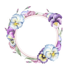 Frame with flowers pansies. Hand draw watercolor illustration.