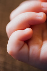 Close up detail of caucasian older baby or younger toddler's fingers and hand