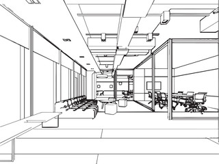 interior outline sketch drawing perspective of a space office