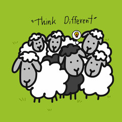 Black sheep in white sheep group on grass cartoon illustration