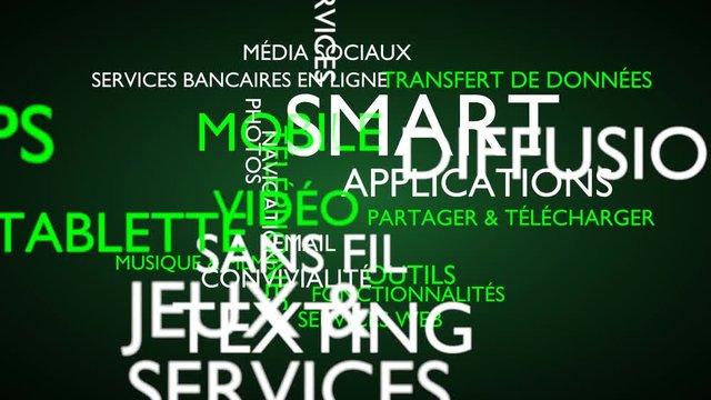 Smart, mobile, applications word tag cloud - green, French variant, 3D rendering, UHD