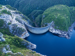Aerial view of Gordon Dam and lake. Southwest, Tasmania, Australia
