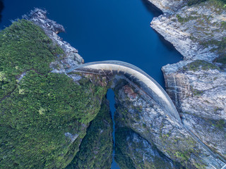 Aerial view of Gordon Dam and lake. Southwest, Tasmania, Australia