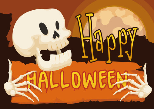 Skeleton Holding a Sign for Halloween in Full Moon Night, Vector Illustration