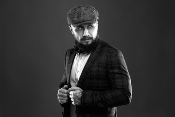 monochrome fashion Portrait of bearded man in hat.Hipster Brutal man with beard