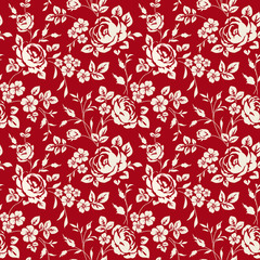 Nahtloses Muster mit Vintage-Rosen. Blumentapete. Weiße Rosen auf rotem Grund