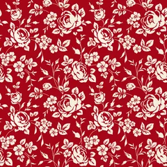Fotobehang Rozen Naadloze patroon met vintage rozen. Bloemen behang. Witte rozen op rode achtergrond