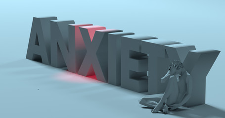 Anxiety - 3d render text sign, near sad frustrated man, illustra