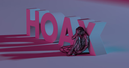 Hoax - 3d render lettering near low poly man illustration