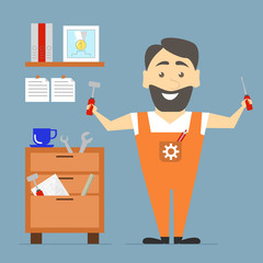 Worker mechanic. Standing. Worker keeps the tools in their hands. The interior of the studio. Vector