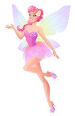 Fototapeta na wymiar Flying and presenting fairy with wings in pink. Vector illustration.