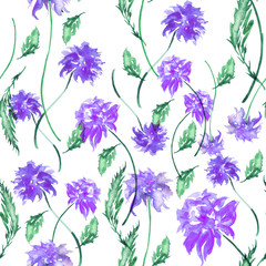 Vintage seamless floral background, watercolor. Flowers thistle pink, purple, 
yellow flowers in watercolor.