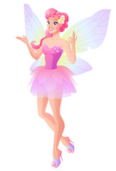 Fototapeta na wymiar Pink fairy with butterfly wings showing ok sign. Vector illustration.