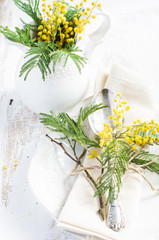 Spring festive dining table setting with yellow mimosa flowers