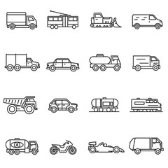 Vehicles, line icons set. Collection of ground transportation. Various transport , vector linear illustration. car, truck, train, public transportation, bike, bulldozer. Wheel vehicles elements
