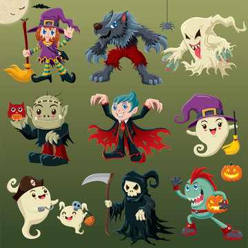 Vintage Halloween poster design with vector ghost, vampire, pirate, witch, wolfman, reaper, devil character.