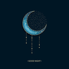 vector neon blue dark  background with arabic decorated moon and stars and words good night - 123778533