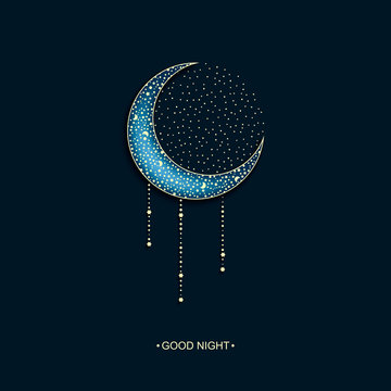vector neon blue dark  background with arabic decorated moon and stars and words good night