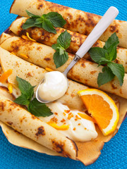 Pancakes with jam for breakfast, close up, shot from above in a