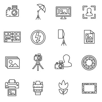 Photographing, line icons set. Photo studio, symbols collection. The collection of symbols for photo elements, vector linear illustration
