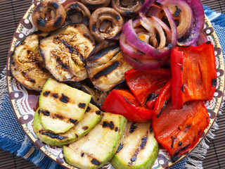 Grilled vegetables including eggplant, zucchini, peppers, mushro