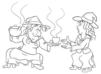 Hexen feiern Halloween mit einem Tässchen Zaubertrank 