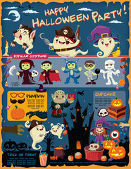 Vintage Halloween poster design with vector ghost, vampire, witch, wolfman, mummy, devil character.