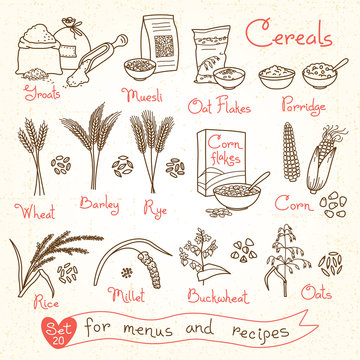 Set drawings of cereals for design menus, recipes and packing. Flakes, groats, porridge, muesli, cornflakes, oat, rye, wheat, barley, millet, buckwheat, rice, corn