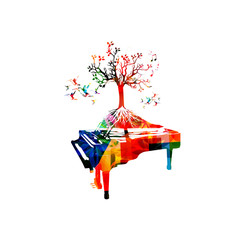 Creative music style template vector illustration, colorful piano, tree inspired instrument background with music notes. Poster, brochure, banner, flyer, concert, music festival, music shop design