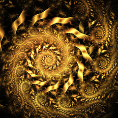 Abstract fantasy golden spiral ornament on black background. Creative fractal design for greeting cards or t-shirts.