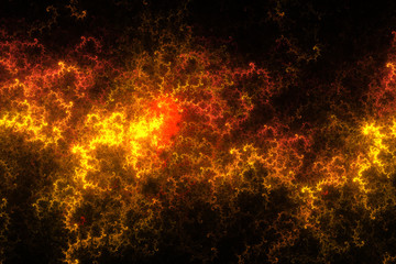 Fiery splash. Abstract flames on black background. Fantasy fractal texture in black, orange and yellow colors. Digital art. 3D rendering.