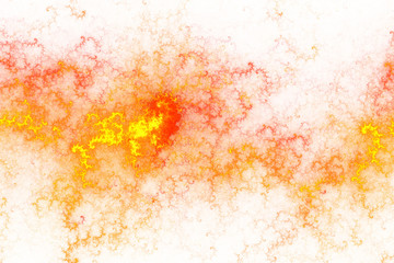 Fiery splash. Abstract flames on white background. Fantasy fractal texture in white, orange and yellow colors. Digital art. 3D rendering.