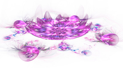 Abstract colorful pink 3d flowers with shining drops on white background. Fantasy fractal design for postcards or t-shirts.